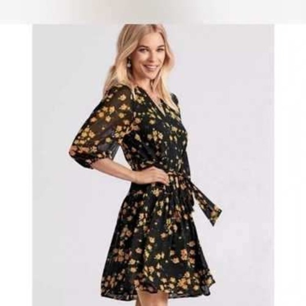 Cabi Debut Wrap Dress Women Medium Black Orange Floral Long Sleeve Fall 5945